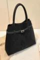 Black suede tote bag for women, vintage shoulder handbag with chic belt buckle, roomy daily. - Black