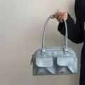 Light blue retro underarm shoulder bag with double front pockets, stylish daily commuting handbag. - Blue