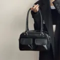 2026 new minimalist black leather underarm shoulder bag with double pockets for women daily commute. - Black