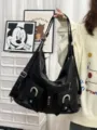 Black multi-pocket hobo shoulder bag, casual PU leather commuting travel crossbody backpack. - Black