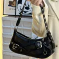 Stylish black motorcycle underarm shoulder bag for women, trendy Y2K punk style handbag. - Black