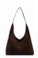 Detailed view of the brown suede hobo shoulder bag showing smooth texture and zipper. - Coffee