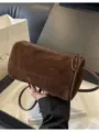Brown suede cylindrical crossbody bag for women, stylish barrel camera bag with PU trim. - Coffee