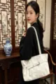 Women white shoulder tote bag large capacity commuter motorcycle style casual handbag - White
