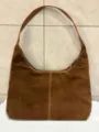 Brown vintage suede shoulder bag for women, stylish underarm hobo bag with zipper. - Brown