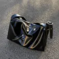 Black soft leather shoulder bag for women, stylish Y2K slouchy crossbody tote bag with zipper. - Black