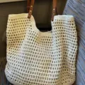 Summer crochet hollow tote bag for women, casual beach knit mesh handbag with leather straps. - Magnetic Closure / S / Off White