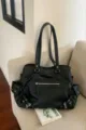 Stylish black leather shoulder tote bag, large capacity retro handbag for women daily commuting. - Black