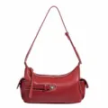 Red leather shoulder bag with white contrast stitching and chic crescent hobo design. - Red