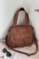 Brown vintage motorcycle travel tote bag, large capacity multi-pocket design detail view. - Brown