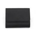 Black short trifold leather wallet detail, compact card holder design with flap closure. - Black