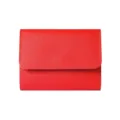 Red minimalist short women wallet detail, slim tri-fold card holder coin purse leather. - Red