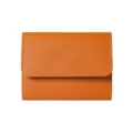 Close-up detail of the orange leather trifold short wallet with fine stitching and compact. - Brown