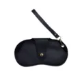 Portable black leather glasses case with wrist strap and snap button for sunglasses daily use - Black