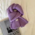 Detail shot of a minimalist solid color knitted wool scarf in purple, soft ribbed texture styling. - Taro Purple