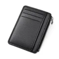 Black leather zipper card holder with multiple card slots and fine lychee texture finish. - Black