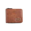 Men's vintage brown PU leather wallet with zipper closure and metal fashion badge, multi card slots. - Light Coffee