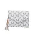 White short wallet with M letter print and stylish tassel pendant for women daily use. - White