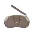 Portable PU leather sunglasses case with wrist strap and snap button for outdoor travel use. - Khaki