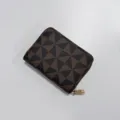 Women zippered card holder with geometric triangle pattern, compact coin purse wallet. - Coffee