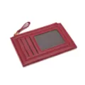 Wine red PU leather card wallet with zipper, multiple card slots and clear ID window for women. - Red