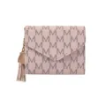 Pink envelope wallet for women, monogram pattern card holder with stylish side tassel charm. - Pink