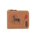 Men vintage brown leather short zipper wallet with retro horse embossing and card slots. - Tan