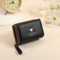 Korean style short women wallet cute faux leather trifold coin purse with heart charm - Black