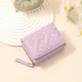 Purple quilted short wallet for women with cute embroidered hearts and coin pocket design. - Light Purple