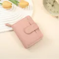 Pink litchi grain short wallet for women, compact card holder zipper coin purse sweet style. - Pink