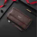 Men's long PU leather wallet clutch brown multi-card casual zipper purse with wrist strap. - Dark Coffee