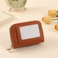 Women short accordion card holder, portable PU leather zipper wallet with clear ID window. - Brown