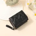 Black women short wallet, stylish quilted woven design with embroidered hearts, card holder. - Black