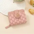 Pink PU leather short wallet for women, cute monogram print card holder with zipper pocket. - Pink