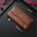 Men's long PU leather wallet with wrist strap brown business casual zipper card holder purse - Light Coffee