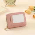 Pink PU leather card holder, short zippered accordion wallet with ID window for women. - Pink