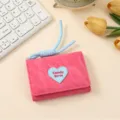 Pink trifold short wallet for women with cute heart patch and blue lanyard keychain daily use. - Pink