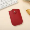 Red PU leather pull-out card holder, compact slim wallet sleeve with snap button closure. - Red