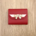 Red women's mini wallet, trifold short coin purse with elegant gold bow and white accent. - Red