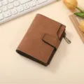 Women short brown wallet with zipper pocket and snap closure, PU leather card holder for daily use. - Brown