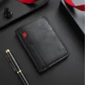 Men's vertical short leather wallet, black card holder with red accent detail for daily use. - Black