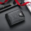 Men's short black leather wallet with dollar bill print, card holder and snap closure. - 12*2*10cm / Black