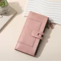 Pink PU leather women's long wallet with multi-card slots and secure zipper for daily use. - Pink