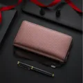 Brown carbon fiber pattern men's long wallet with zip around and wrist strap for business. - Coffee