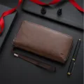 Men's long brown wallet clutch bag with wrist strap, multiple card slots and large capacity. - Dark Coffee