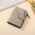 Women short wallet frosted leather grey card holder zipper snap coin purse compact wallet - Gray