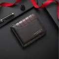 Men short leather wallet zipper coin purse split stone pattern dark brown multiple card slots - Dark Coffee