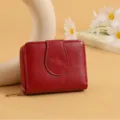 Red women short wallet with zipper and snap closure, compact multi-card holder purse. - Brown Red