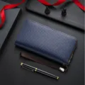 Men's carbon fiber texture long zipper wallet in stylish dark blue business clutch bag. - Blue