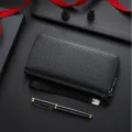 Men carbon fiber pattern long wallet business zipper clutch purse with wrist strap. - Black